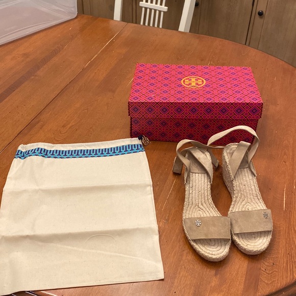 Tory Burch Shoes - Tory Burch Bima 90 mm logo suede espadrille wedge sandal. Size 6.5  tan color
